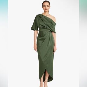 Elegant One Shoulder Satin Olive Green Dress
